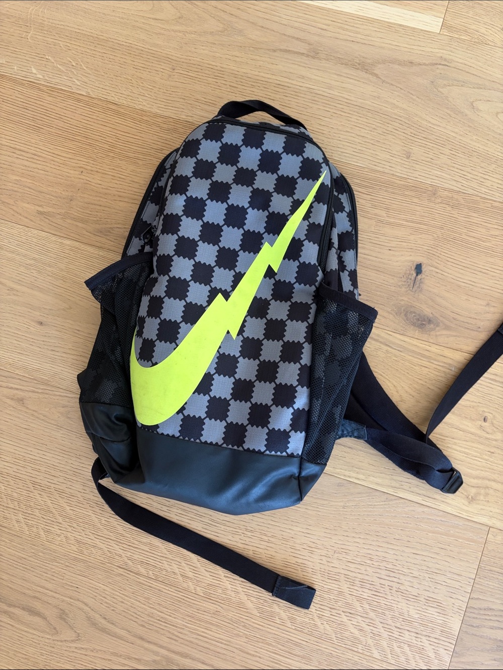 Nike Brasilia Kids 18L Backpack Black Grey Volt Checkered Lightning Swoosh